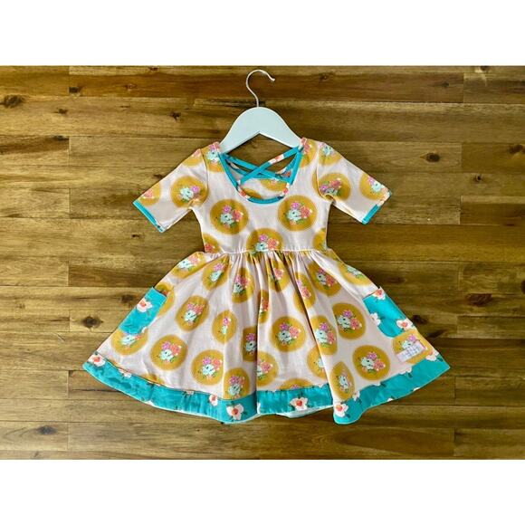 SweetHoney Knit Flair Dress Sewing Class Pink Blue Gold Floral Short Sleeve 2T - Picture 5 of 9